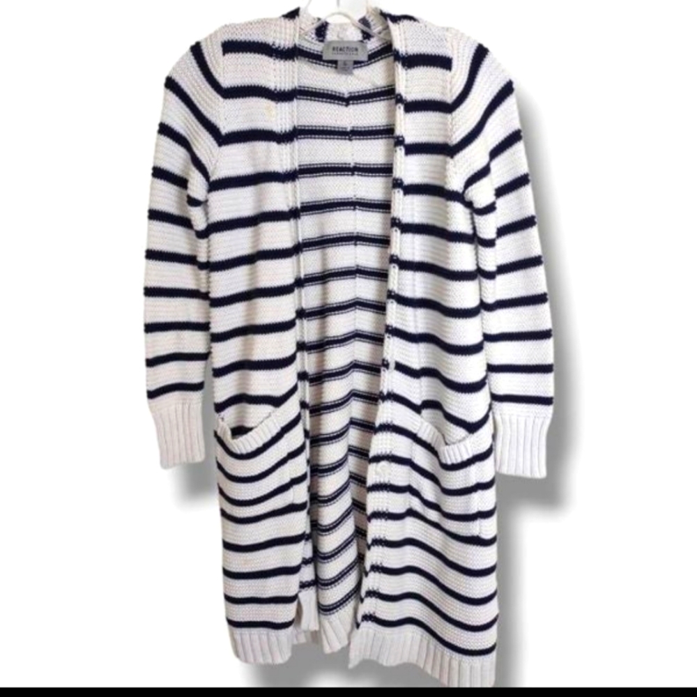 Reaction Kenneth Cole women blue/ white cardigan sweater 100% cotton knee length